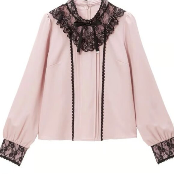 Dear My Love Pink and Black Jirai Long Sleeve Mock High Collar Yoke Lace Blouse - Picture 1 of 5